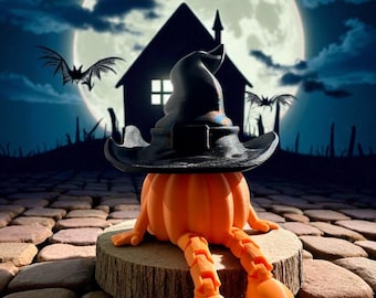 3D-gedruckter Flexi-Kürbis mit Hexenhut: Gliederbares Halloween-Dekor