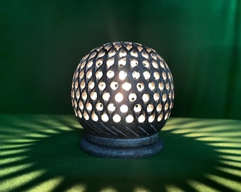 Hand Carved natural stone (Granite) Tealight Candle Holder, Lattice Sphere, Home Decor (80mm)