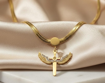 Gold Stainless Steel Winged Sword Necklace – Zircon Pendant, Gothic Style Jewelry