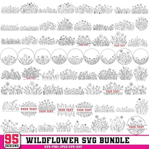 Peut inclure: Une collection de 95 motifs SVG de fleurs sauvages en noir et blanc. Les motifs comprennent divers arrangements floraux, des cadres circulaires et des zones de texte avec les mots "YOUR TEXT". Le bas de l'image affiche le texte "WILDFLOWER SVG BUNDLE" et "95 DESIGNS".