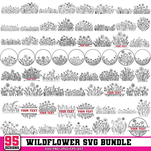 SVG fiore di campo, SVG fiore, SVG bouquet di fiori, SVG botanico, SVG prato fiorito, SVG bordo floreale, SVG natura, SVG primavera, Cricut e Silhouette