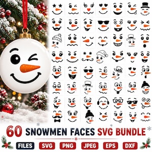 Könnte beinhalten: Eine digitale Sammlung von 60 Schneemann-Gesichtern mit schwarzen Strichzeichnungen für Augen, Münder und Accessoires sowie orangefarbenen Karottennasen. Das Set zeigt verschiedene Gesichtsausdrücke auf einer Grafiktafel.