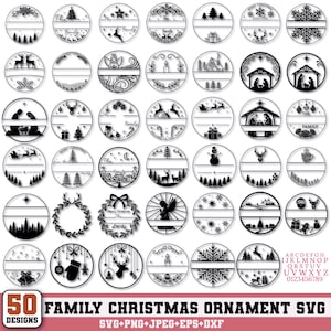 Puede incluir: Una colección de 50 diseños SVG de adornos navideños familiares. Cada diseño circular presenta elementos festivos como renos, árboles, copos de nieve y ángeles. Los diseños son en blanco y negro, con espacio para personalización.