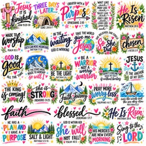 May include: A collection of thirty individual Christian-themed graphic stickers featuring colorful illustrations of mountains, flowers, crosses, and sailboats, each paired with inspirational religious text and scripture references in various fonts.