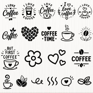 Op de afbeelding: Een verzameling zwarte grafische ontwerpen op een witte achtergrond met illustraties in koffiethema, waaronder kopjes, koffiebonen, hartjes, bloemen en teksten zoals I LOVE COFFEE, COFFEE TIME en BUT FIRST COFFEE in diverse stijlen.