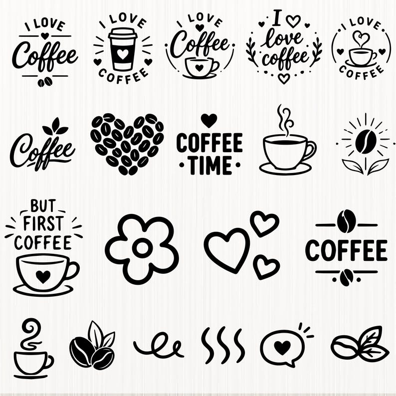 Op de afbeelding: Een verzameling zwarte grafische ontwerpen op een witte achtergrond met illustraties in koffiethema, waaronder kopjes, koffiebonen, hartjes, bloemen en teksten zoals I LOVE COFFEE, COFFEE TIME en BUT FIRST COFFEE in diverse stijlen.