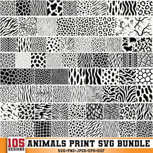 Può includere: Una collezione di 105 motivi animalier in bianco e nero disposti in una griglia, che presentano varie texture come macchie di leopardo, strisce di zebra, macchie di giraffa e squame di serpente. Il testo 105 ANIMALS PRINT SVG BUNDLE SVG PNG JPEG EPS DXF si trova in basso.