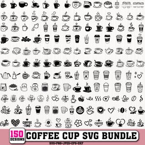 May include: A collection of 150 black and white digital icons featuring various coffee cups, mugs, tumblers, coffee beans, hearts, and text elements like I LOVE COFFEE and COFFEE TIME, organized in a grid for a coffee cup SVG design bundle.