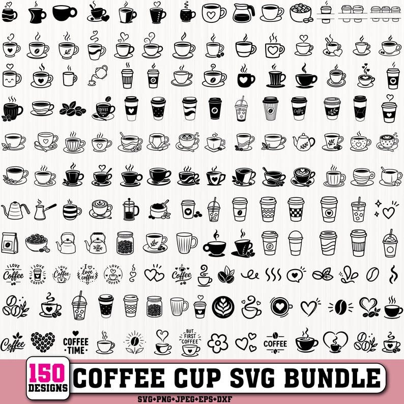 Op de afbeelding: Een verzameling van 150 zwart-witte digitale iconen met diverse koffiekopjes, mokken, bekers, koffiebonen, hartjes en tekstelementen zoals I LOVE COFFEE en COFFEE TIME, gerangschikt in een raster voor een koffiekopje SVG-ontwerpbundel.