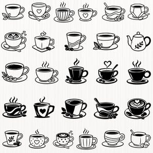 Op de afbeelding: Een verzameling van vijfentwintig zwart-wit lijntekeningen met diverse koffiekopjes, mokken en een theepot. Elk icoon toont een andere stijl drinkgerei, sommige met stoom, koffiebonen, lepels of hartpatronen op een witte achtergrond.