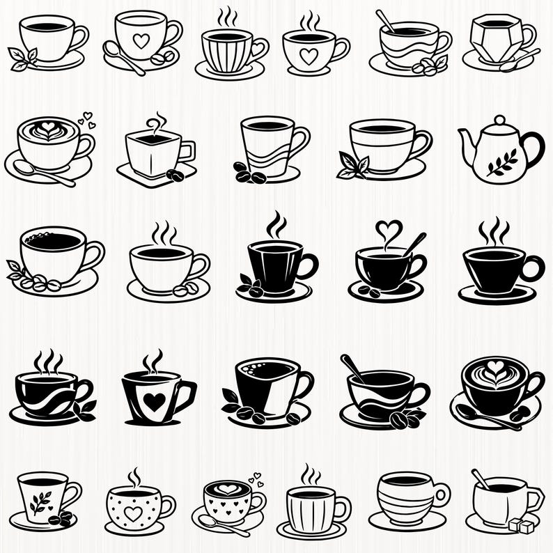 Op de afbeelding: Een verzameling van vijfentwintig zwart-wit lijntekeningen met diverse koffiekopjes, mokken en een theepot. Elk icoon toont een andere stijl drinkgerei, sommige met stoom, koffiebonen, lepels of hartpatronen op een witte achtergrond.