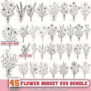Puede incluir: Una colección de 45 ilustraciones de arte lineal en blanco y negro que presentan varios ramos de flores, ramitas y arreglos en forma de corazón. Algunos diseños incluyen una pancarta horizontal con el texto YOUR TEXT HERE.