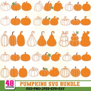 May include: A digital collection of 48 pumpkin designs in a bundle, featuring various orange pumpkin shapes, outlines, and silhouettes with green leaf accents. The text at the bottom reads 48 DESIGNS PUMPKINS SVG BUNDLE SVG+PNG+JPEG+EPS+DXF.