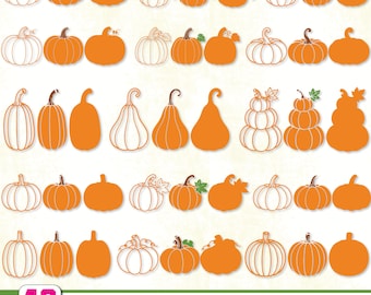 May include: A digital collection of 48 pumpkin designs in a bundle, featuring various orange pumpkin shapes, outlines, and silhouettes with green leaf accents. The text at the bottom reads 48 DESIGNS PUMPKINS SVG BUNDLE SVG+PNG+JPEG+EPS+DXF.