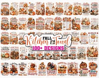 May include: A collection of over 100 rectangular kitchen towel designs featuring autumn themes, pumpkins, sunflowers, turkeys, and fall-inspired typography. The graphics include illustrations of harvest scenes, woodland animals, and seasonal food items.