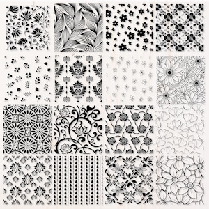 May include: A collection of sixteen black and white floral and geometric patterns. The designs include various flower arrangements, leaf patterns, and symmetrical shapes. The patterns are suitable for fabric, wallpaper, or design projects.