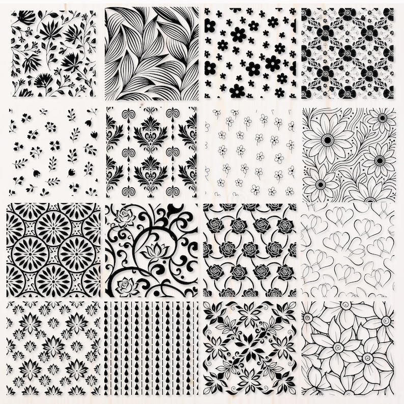 May include: A collection of sixteen black and white floral and geometric patterns. The designs include various flower arrangements, leaf patterns, and symmetrical shapes. The patterns are suitable for fabric, wallpaper, or design projects.