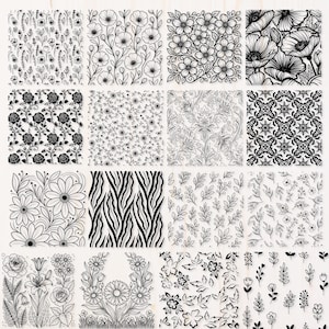May include: A collection of sixteen black and white floral and patterned designs. The designs include various flowers, leaves, and abstract patterns. The images are suitable for fabric, wallpaper, or digital art projects.