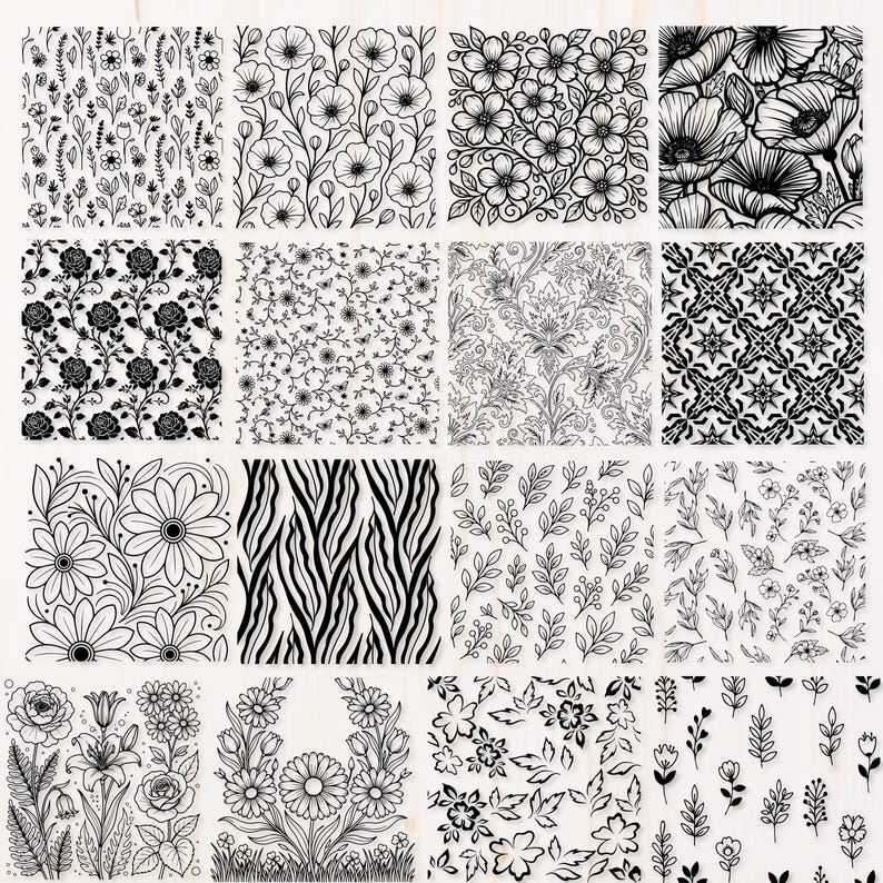 May include: A collection of sixteen black and white floral and patterned designs. The designs include various flowers, leaves, and abstract patterns. The images are suitable for fabric, wallpaper, or digital art projects.