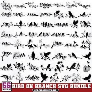Puede incluir: Un conjunto de 56 diseños de siluetas negras de pájaros posados en ramas. Los diseños incluyen varias poses de pájaros y estilos de ramas, adecuados para proyectos de manualidades. El texto "BIRD ON BRANCH SVG BUNDLE" se muestra en la parte inferior.