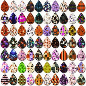 May include: A collection of seventy-two teardrop-shaped earring pendants featuring various Halloween-themed patterns, including pumpkins, ghosts, black cats, bats, haunted houses, skulls, and colorful geometric designs on a white background.