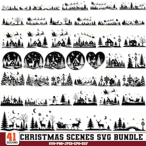 May include: A collection of 41 black and white digital graphic designs featuring Christmas scenes with silhouettes of Santa Claus in a sleigh, reindeer, snowmen, pine trees, houses, churches, and crescent moons, labeled Christmas Scenes SVG Bundle.
