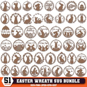 May include: A collection of 51 brown Easter wreath designs. Each circular design features a bunny silhouette, some with floral or egg accents, and text like "Happy Easter". The bundle includes SVG, PNG, JPEG, EPS, and DXF files.