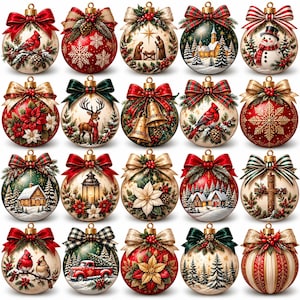 May include: A collection of twenty round Christmas ornaments featuring various holiday designs including cardinals, snowmen, nativity scenes, winter landscapes, poinsettias, reindeer, bells, and a red truck, each topped with a decorative fabric bow.