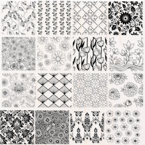May include: A collection of sixteen black and white floral and geometric patterns. The designs include roses, daisies, tulips, and abstract shapes. The patterns are suitable for various craft projects.