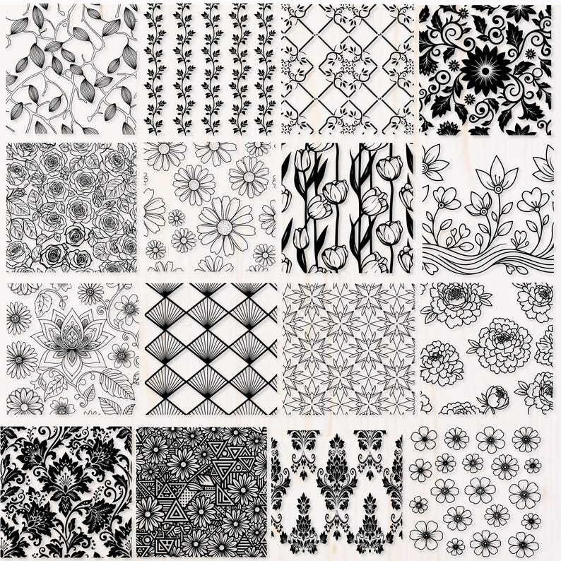 May include: A collection of sixteen black and white floral and geometric patterns. The designs include roses, daisies, tulips, and abstract shapes. The patterns are suitable for various craft projects.