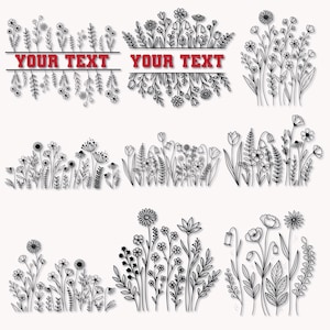 May include: Black and white floral line art designs. The image features various arrangements of flowers and foliage, including text boxes with the words "YOUR TEXT" in red. The designs are suitable for crafting or graphic projects.