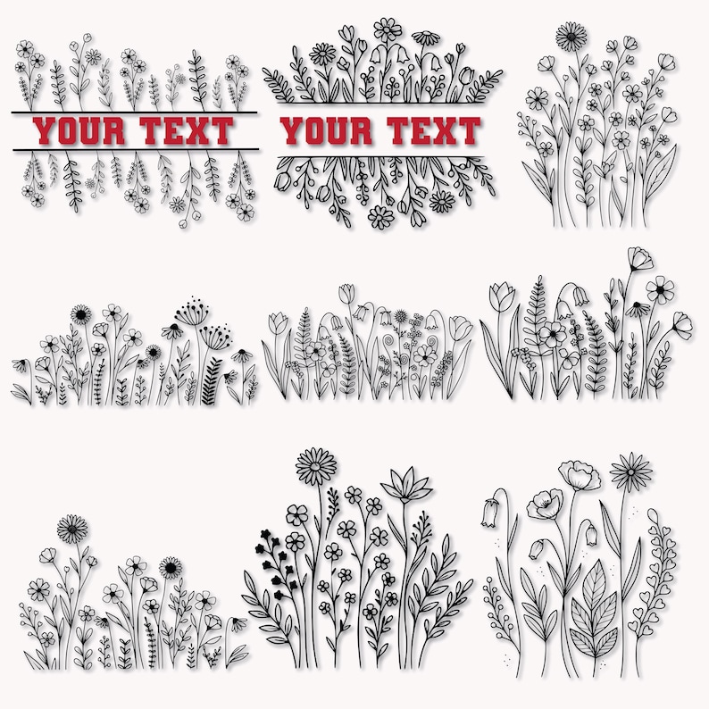 May include: Black and white floral line art designs. The image features various arrangements of flowers and foliage, including text boxes with the words "YOUR TEXT" in red. The designs are suitable for crafting or graphic projects.