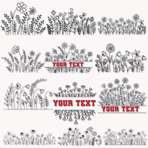 May include: Black and white line art illustrations of various floral arrangements. Some designs include a banner with the text "YOUR TEXT" in red. The images feature detailed drawings of flowers, leaves, and stems, suitable for crafting projects.