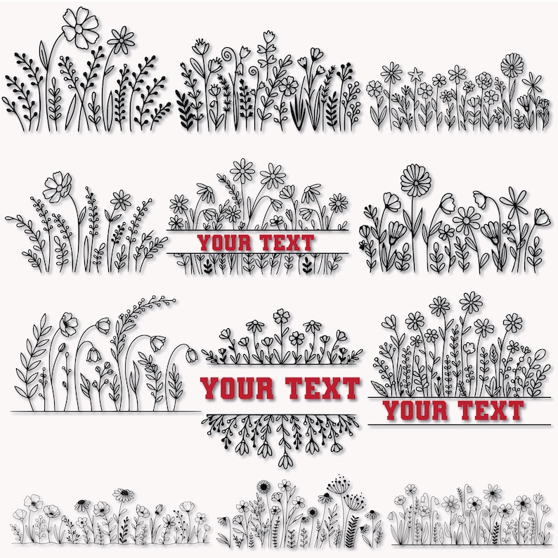May include: Black and white line art illustrations of various floral arrangements. Some designs include a banner with the text "YOUR TEXT" in red. The images feature detailed drawings of flowers, leaves, and stems, suitable for crafting projects.