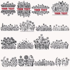 May include: A collection of black and white floral designs. Some designs include the text "YOUR TEXT" in a red banner. The floral arrangements vary in style, featuring detailed line art of various flowers and foliage.