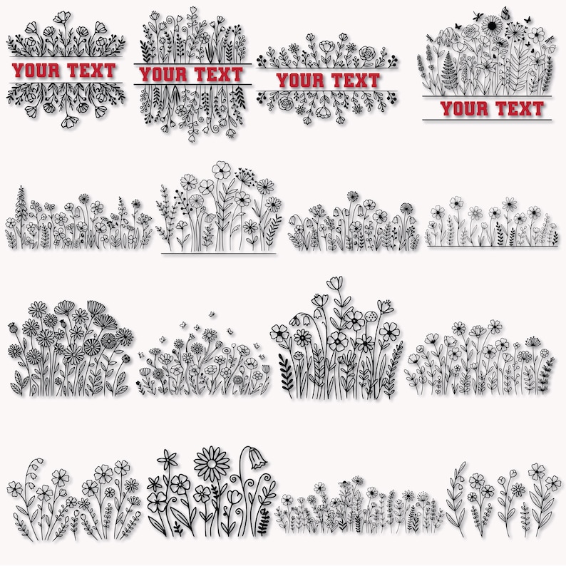 May include: A collection of black and white floral designs. Some designs include the text "YOUR TEXT" in a red banner. The floral arrangements vary in style, featuring detailed line art of various flowers and foliage.