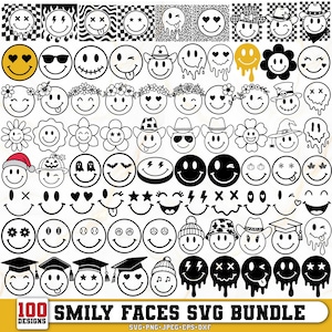 SVG de cara sonriente, cara divertida, cara sonriente con efecto goteo, SVG de emoji, cara feliz, SVG de carita sonriente, SVG de carita sonriente a cuadros, SVG de carita sonriente de graduación, Cricut y Silhouette
