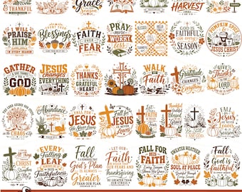 May include: A digital collection of 42 Christian-themed fall designs featuring typography and illustrations of pumpkins, crosses, leaves, and flowers. The graphics include phrases like Blessed and Thankful, Faith Over Fear, and Fall for Jesus.