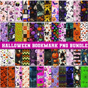 May include: A digital collection of Halloween-themed bookmarks featuring various patterns including pumpkins, ghosts, black cats, haunted houses, skulls, spider webs, and bats in vibrant orange, purple, black, and green color palettes.