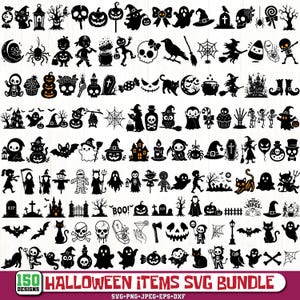 May include: A digital collection of 150 black silhouette graphics featuring Halloween themes such as pumpkins, ghosts, skulls, bats, witches, spiders, and haunted houses. The bottom text reads 150 DESIGNS HALLOWEEN ITEMS SVG BUNDLE SVG PNG JPEG EPS DXF.