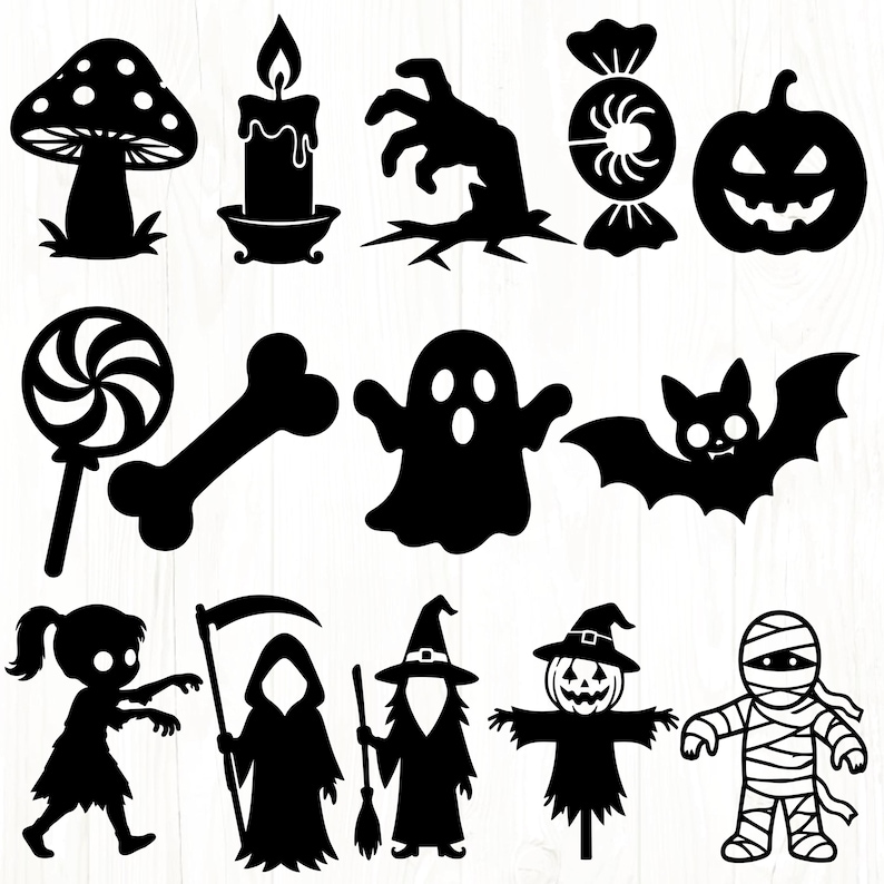 May include: A collection of black silhouettes featuring a mushroom, a candle, a reaching hand, a wrapped candy, a jack-o'-lantern, a lollipop, a bone, a ghost, a bat, a zombie girl, a grim reaper, a witch, a scarecrow, and a mummy.