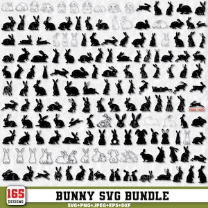Könnte beinhalten: Eine Sammlung von 165 Hasen-Designs in verschiedenen Posen und Stilen, einschließlich Silhouetten und Umrissen. Das Bild enthält den Text "BUNNY SVG BUNDLE" und "165 DESIGNS". Geeignet für Bastel- und Digitalprojekte.