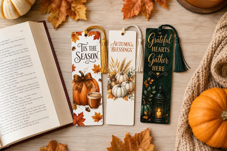 May include: Three rectangular bookmarks with tassels. The first is white with orange leaves, a pumpkin, and the text 'Tis the Season'. The second is white with wheat, pumpkins, and 'Autumn Blessings'. The third is dark green with a lantern and 'Grateful Hearts Gather Here'.