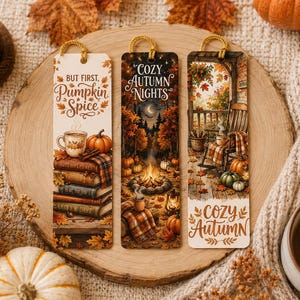 May include: Three rectangular bookmarks with gold cord loops. The first features a stack of books, a pumpkin, and a mug with the text "BUT FIRST, PUMPKIN SPICE". The second shows a campfire in a forest with "COZY AUTUMN NIGHTS". The third depicts a porch with a rocking chair and "COZY AUTUMN".