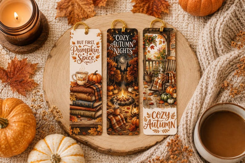 May include: Three rectangular bookmarks with gold cord loops. The first features a stack of books, a pumpkin, and a mug with the text "BUT FIRST, PUMPKIN SPICE". The second shows a campfire in a forest with "COZY AUTUMN NIGHTS". The third depicts a porch with a rocking chair and "COZY AUTUMN".