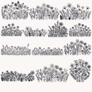 May include: Black and white line art illustrations of various floral arrangements, including wildflowers, grasses, and leaves. The designs are detailed and feature a variety of shapes and sizes, perfect for crafting or design projects.