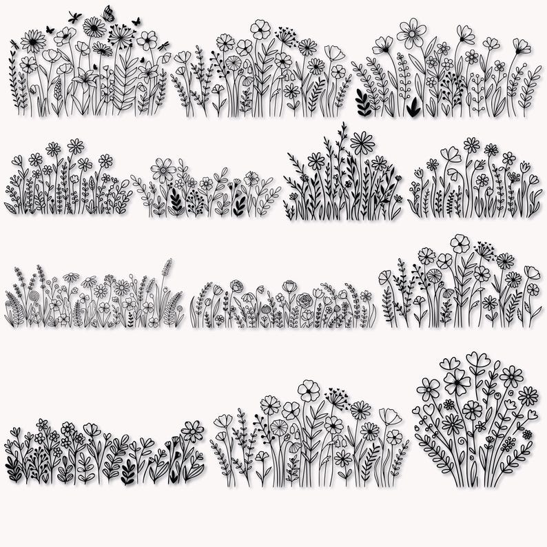 May include: Black and white line art illustrations of various floral arrangements, including wildflowers, grasses, and leaves. The designs are detailed and feature a variety of shapes and sizes, perfect for crafting or design projects.