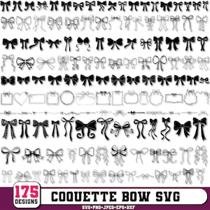 Può includere: Una collezione di 175 design di fiocchi in bianco e nero. I fiocchi variano nello stile, da semplici a ornati, con cornici e bordi decorativi. L'immagine include il testo "COQUETTE BOW SVG" e informazioni sui tipi di file.