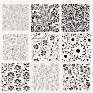 May include: Nine square images showcasing floral patterns in black and white. Designs include roses, daisies, and stylized botanical elements. The images are suitable for crafting, scrapbooking, or decorative applications.