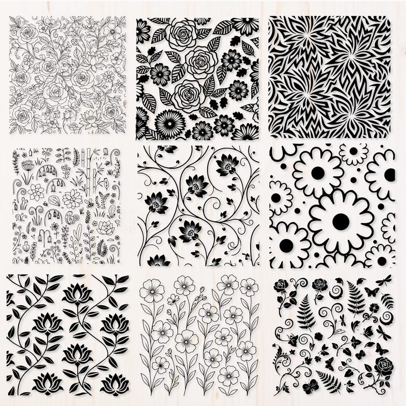 May include: Nine square images showcasing floral patterns in black and white. Designs include roses, daisies, and stylized botanical elements. The images are suitable for crafting, scrapbooking, or decorative applications.